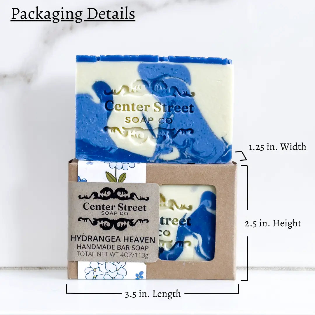 Center Street Soap Co. soap bar with packaging and dimensions on a white background
