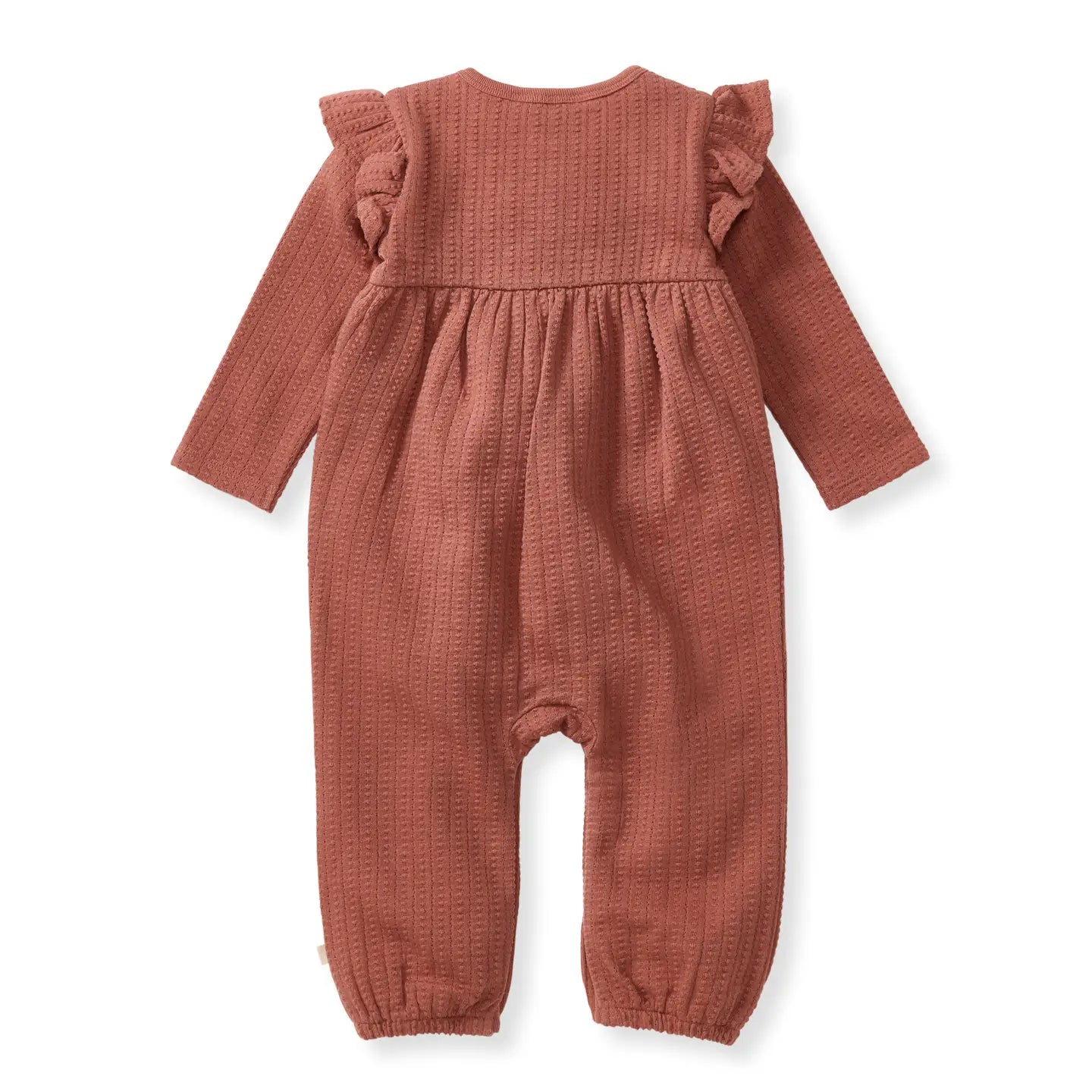 Brown baby romper with ruffled shoulders on a white background
