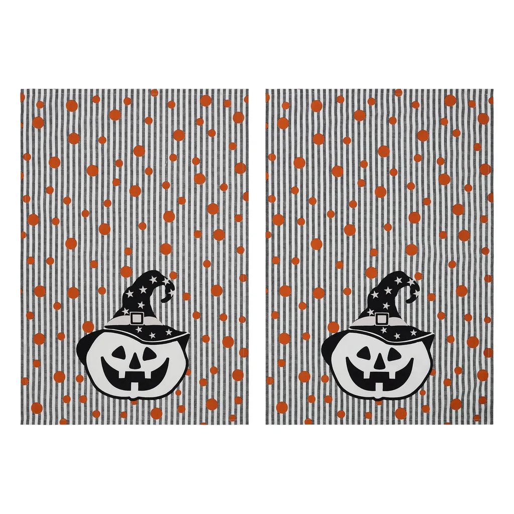 Two Halloween-themed dish towel with pumpkins and witch hats on a striped background.