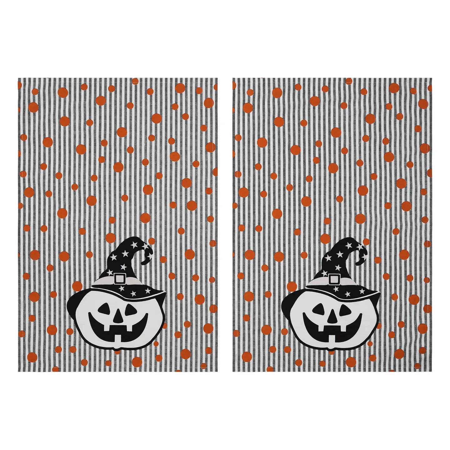 Two Halloween-themed dish towel with pumpkins and witch hats on a striped background.