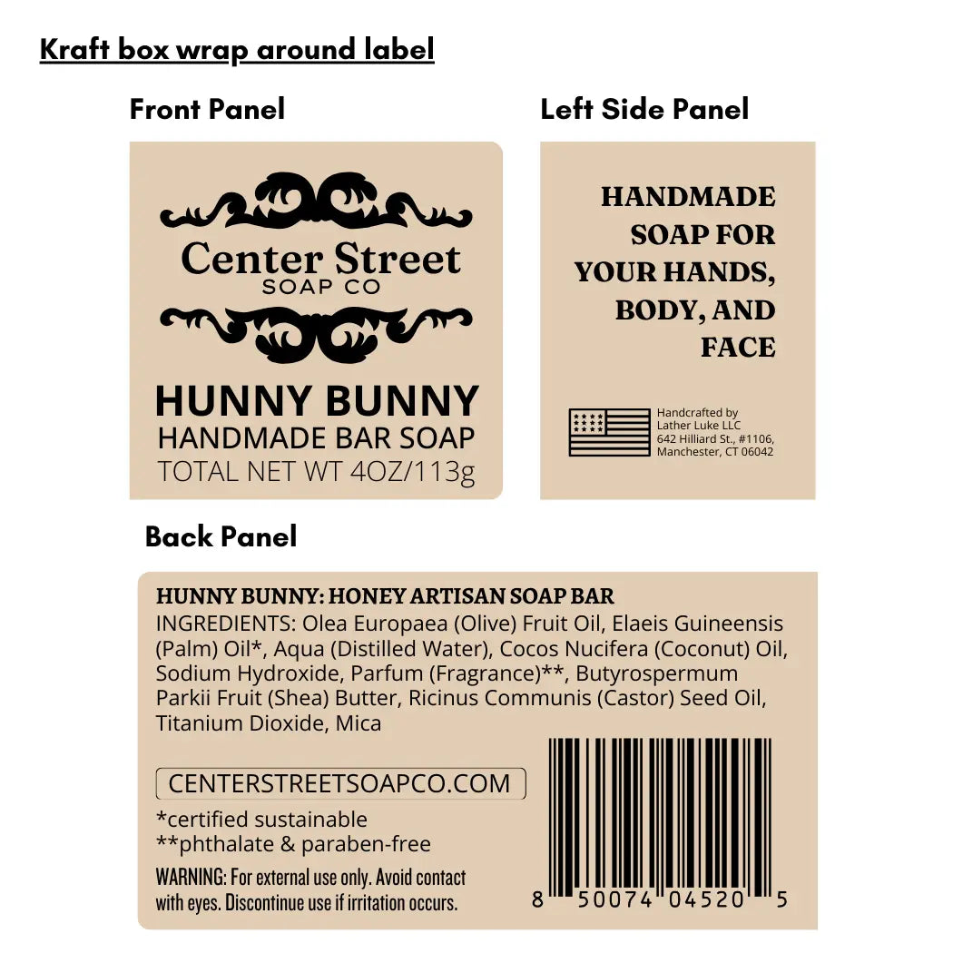 Label design for Center Street Soap Co. Hunny Bunny handmade soap bar with text and branding.
