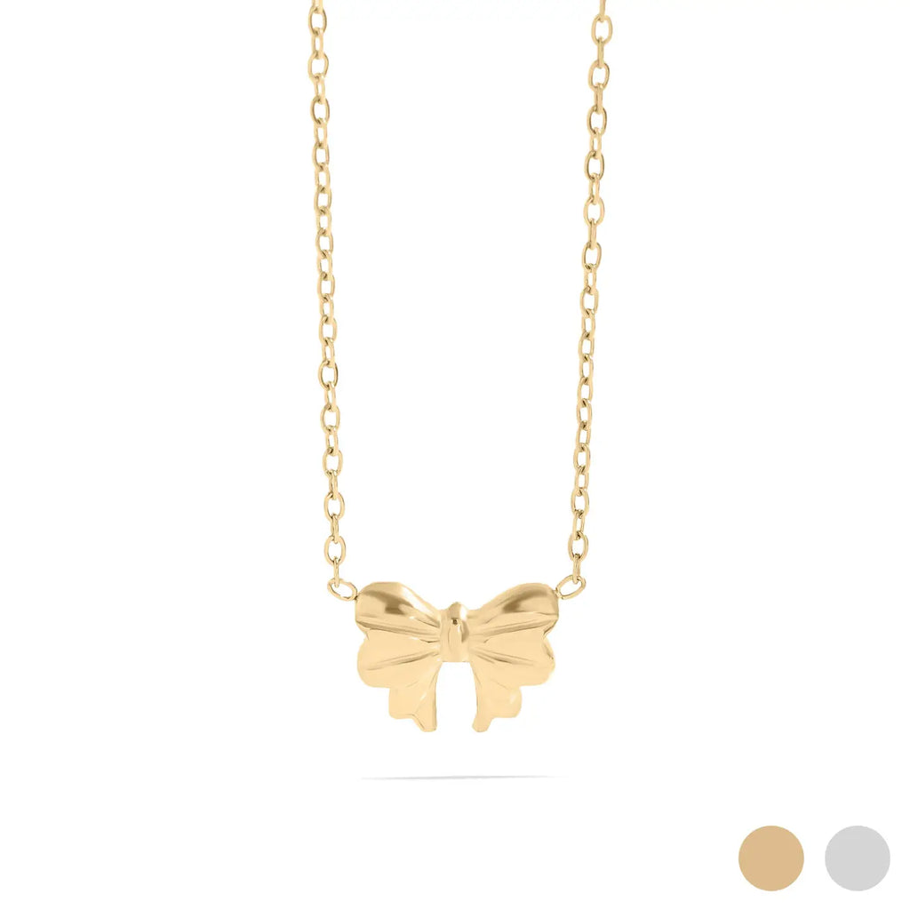 Gold butterfly necklace on a white background