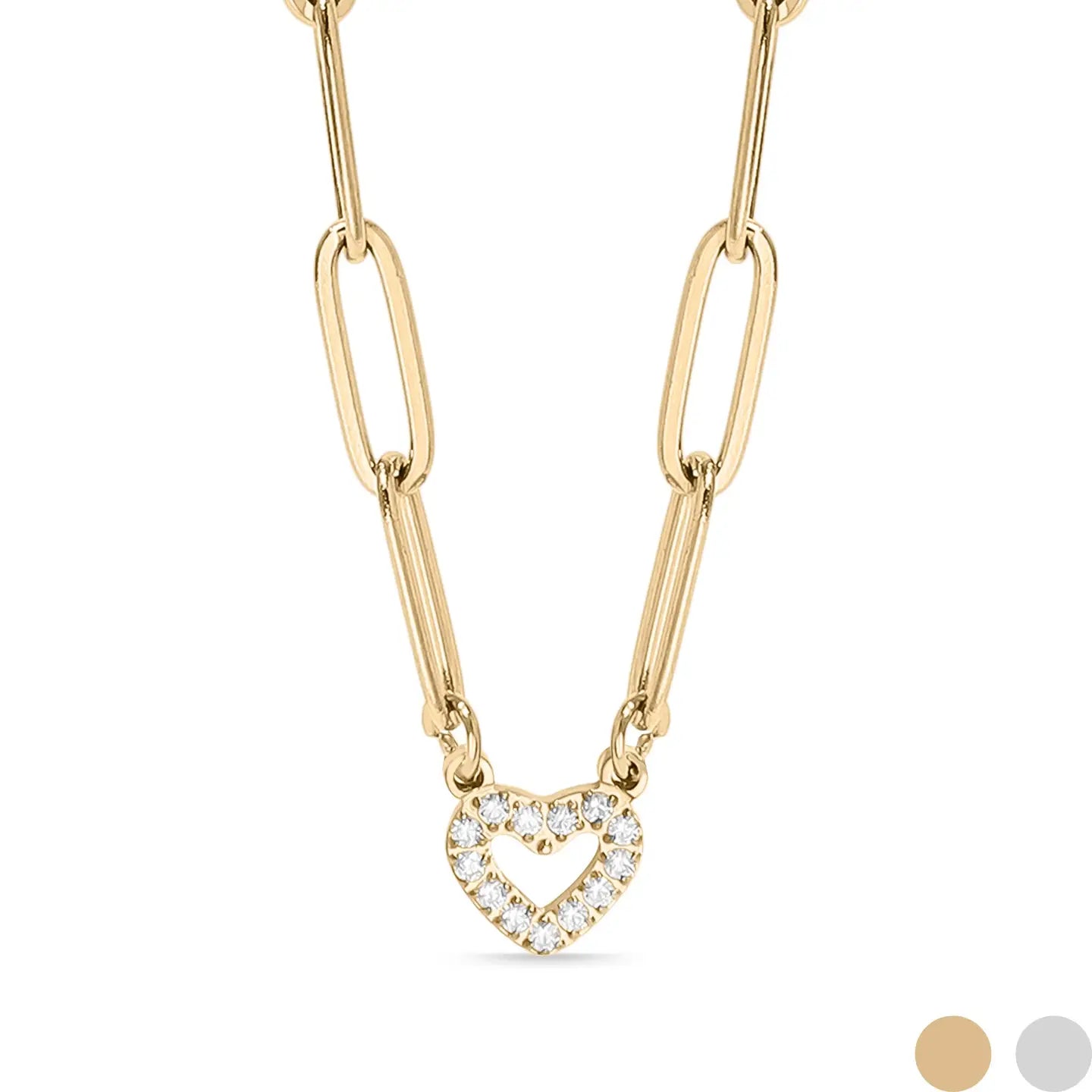 Gold chain necklace with a heart-shaped pendant on a white background
