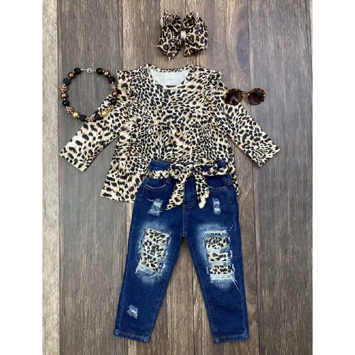 Leopard Print Tunic & Cutout Jeans with Sash