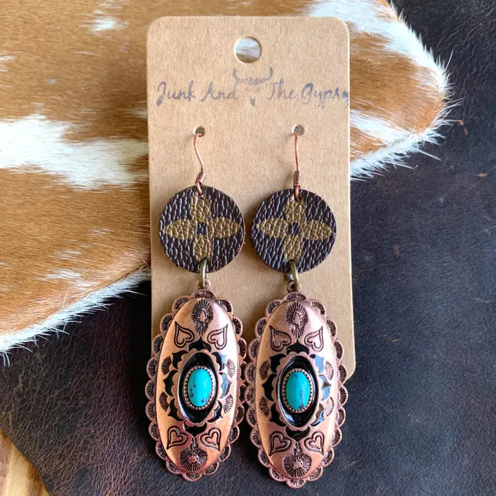 Pair of copper and turquoise earrings on a brown card with 'Junk and the Gypsy' branding, against a textured background.