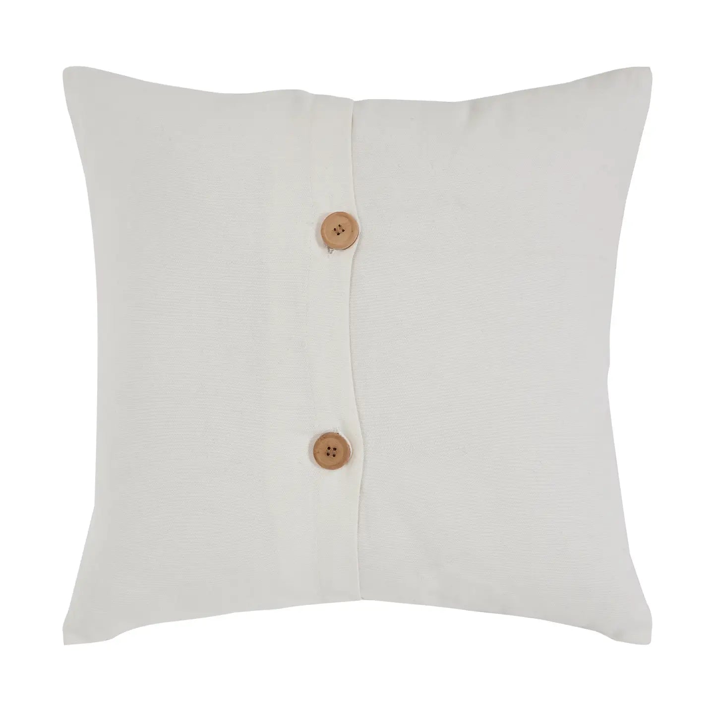 White pillow with two wooden buttons on a white background
