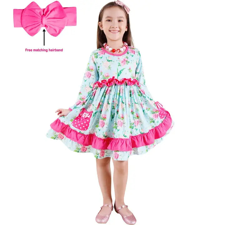 Little Girls Spring Floral Twirl Pocket Dress + Hairband