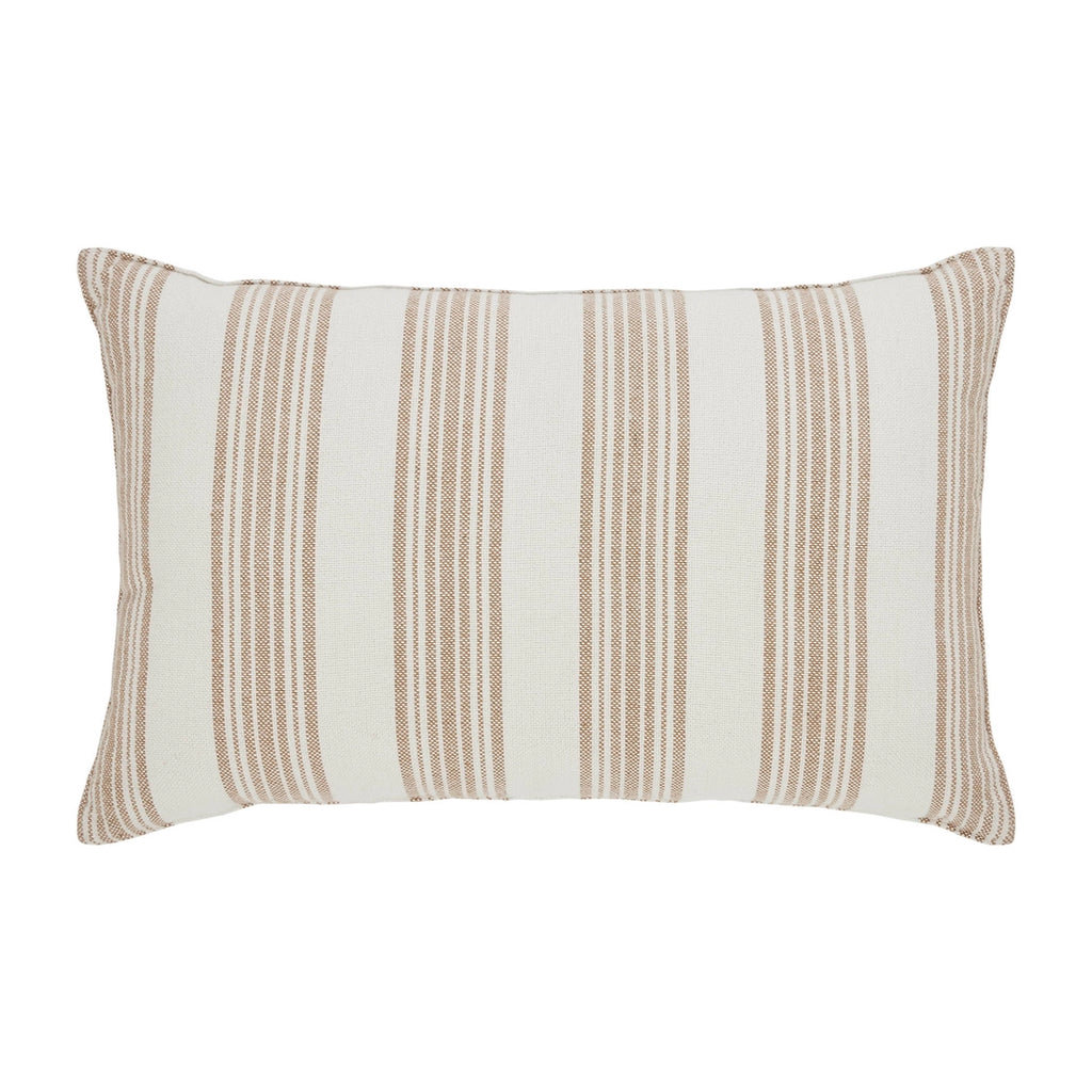 Striped pillow with brown and white stripes on a white background