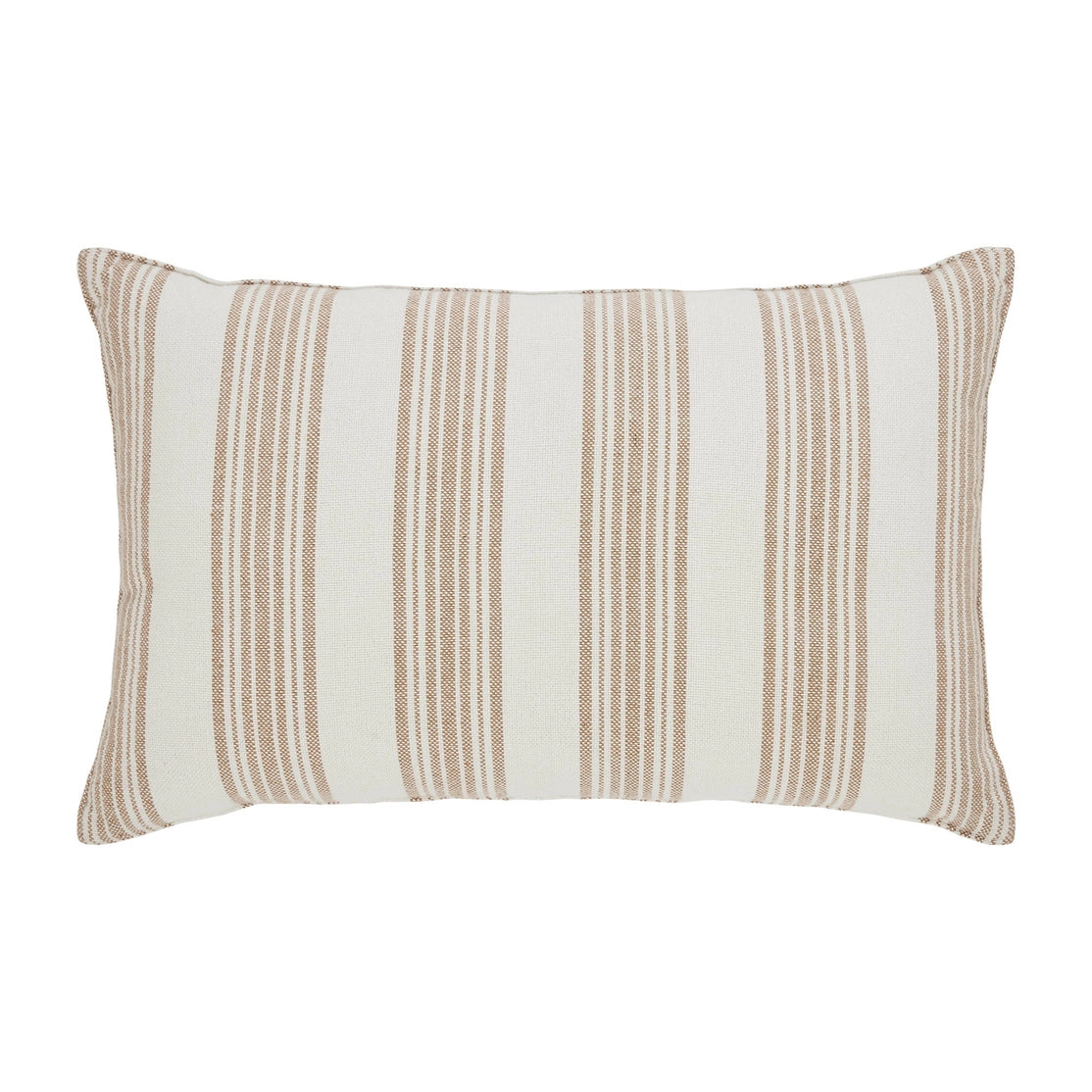 Striped pillow with brown and white stripes on a white background