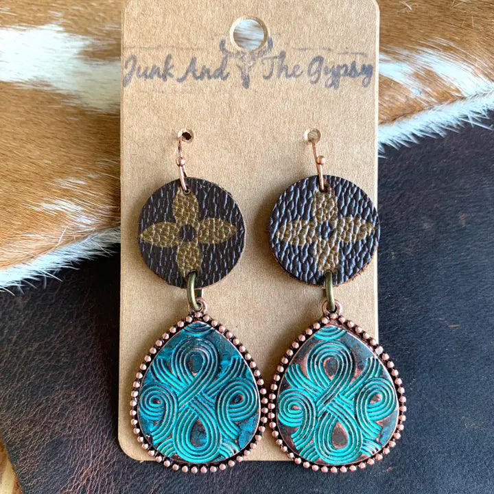 Pair of earrings on a 'Junk And The Gypsy' branded card with a textured background.