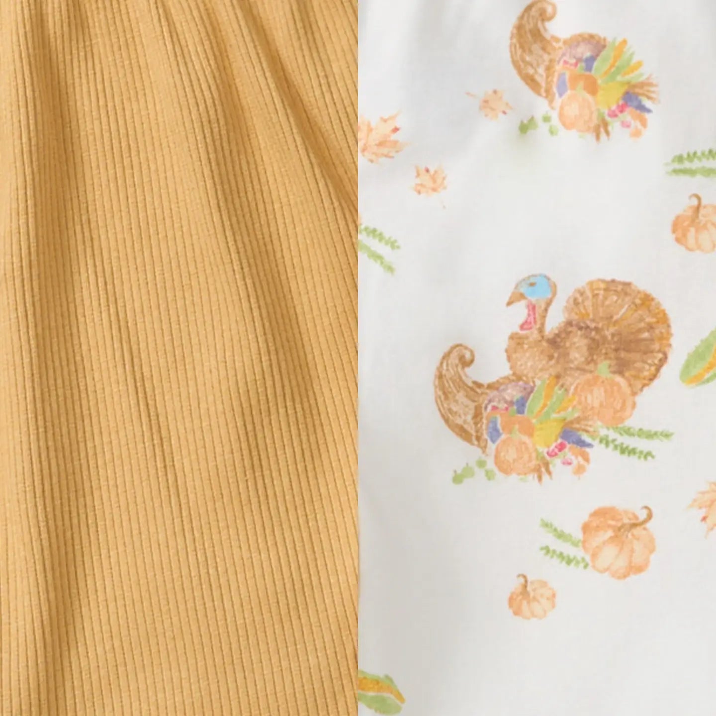 Textile with ribbed texture on the left and Thanksgiving-themed fabric with turkeys and pumpkins on the right.