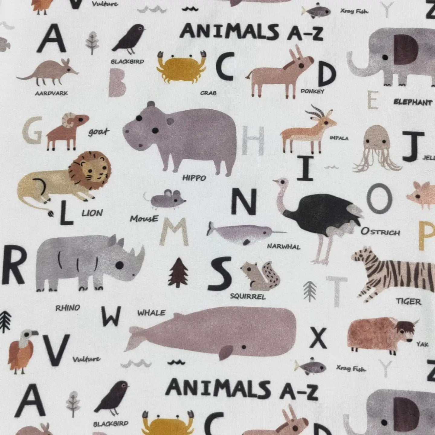 Children's fabric with animals and letters of the alphabet