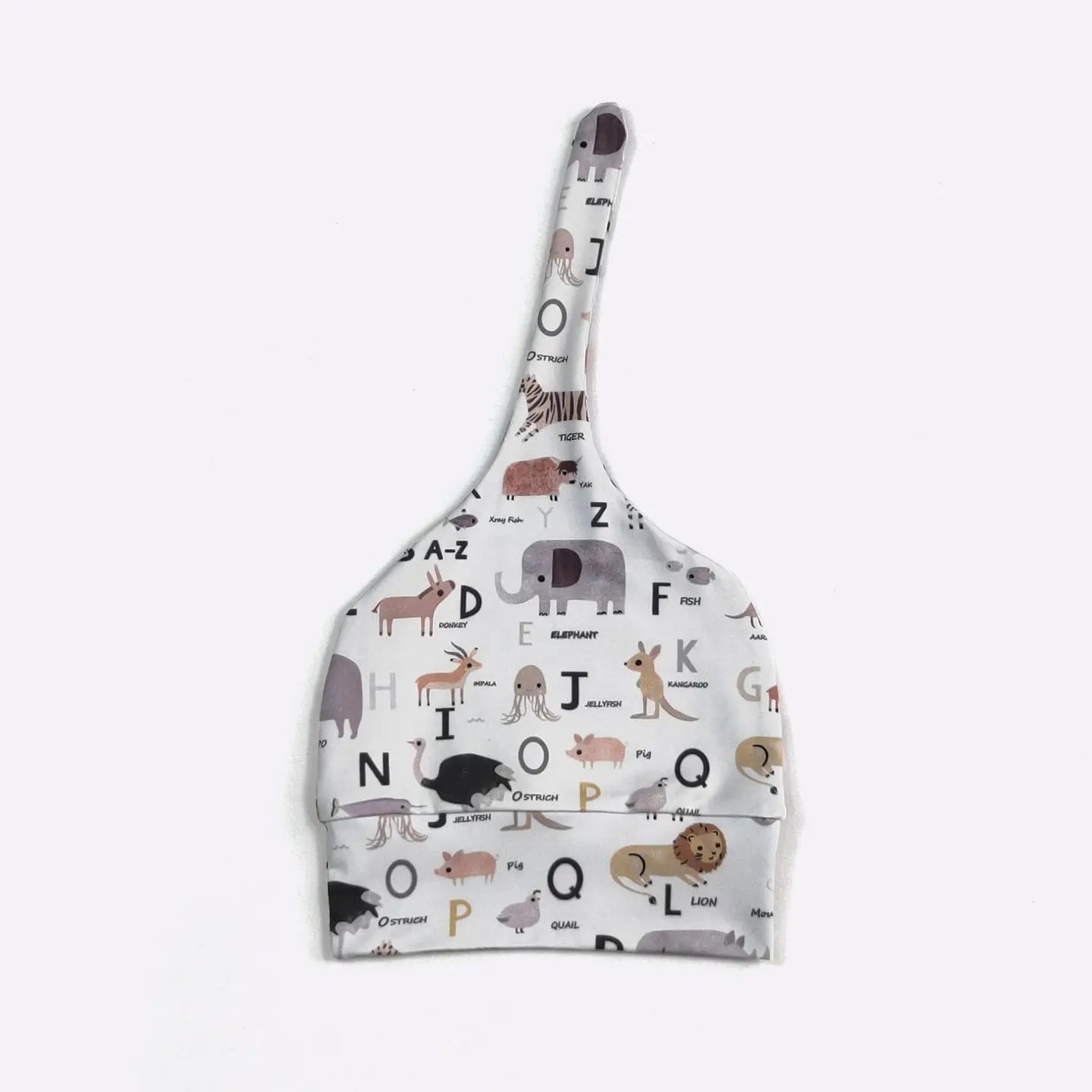 Baby bib with animal and alphabet pattern on a white background
