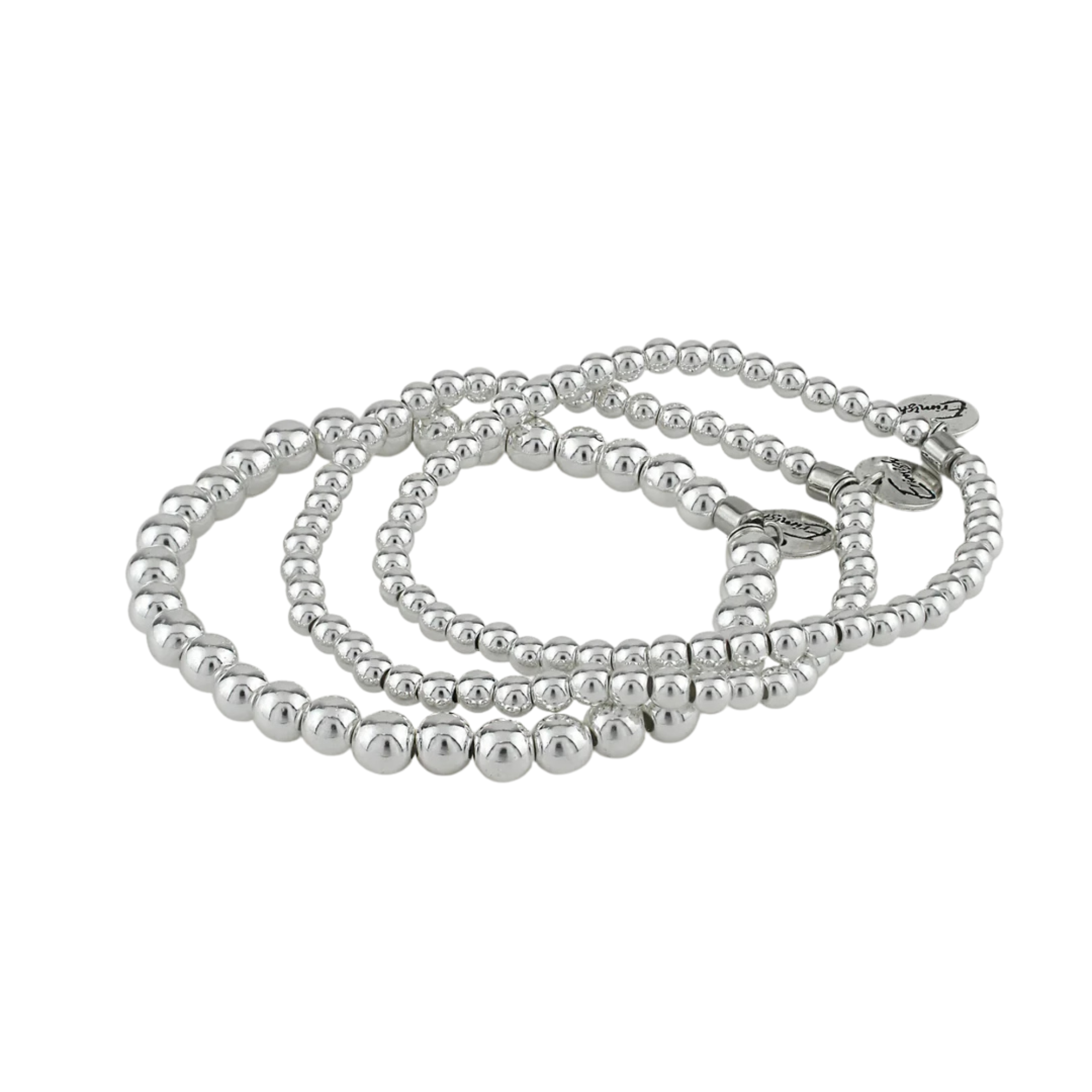 Silver beaded necklace on a white background