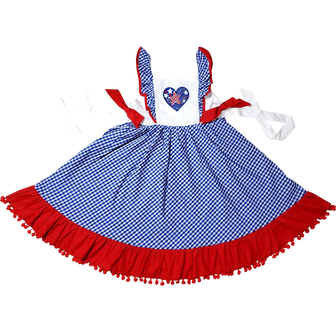 Children's dress with blue checkered skirt and red trim on a white background