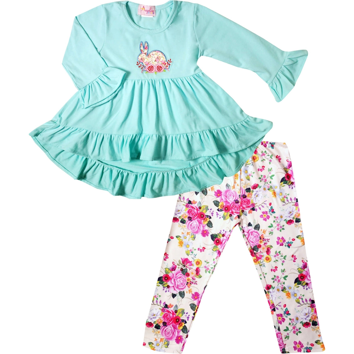 Children's outfit with turquoise top and floral leggings on a white background