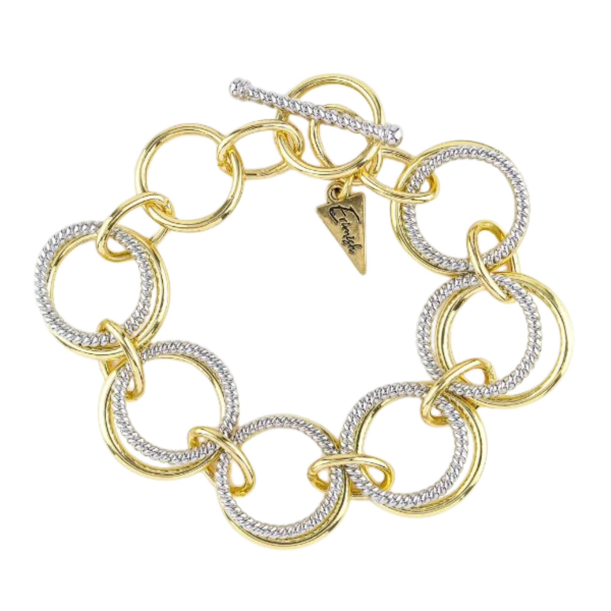 Gold and silver chain bracelet with a triangle charm on a white background