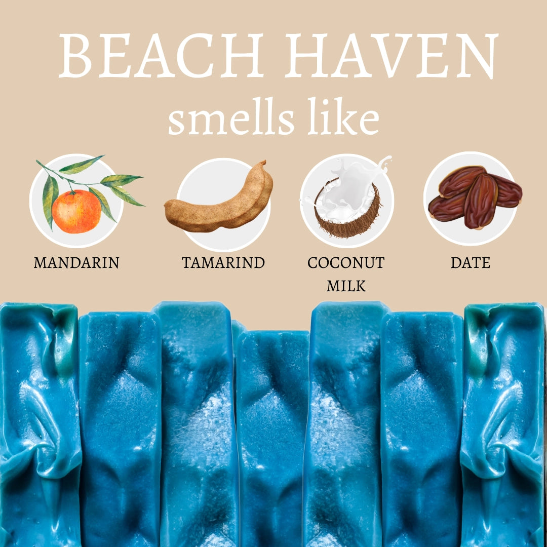 Blue soap bars with icons and names of scents on a beige background, labeled 'Beach Haven'.