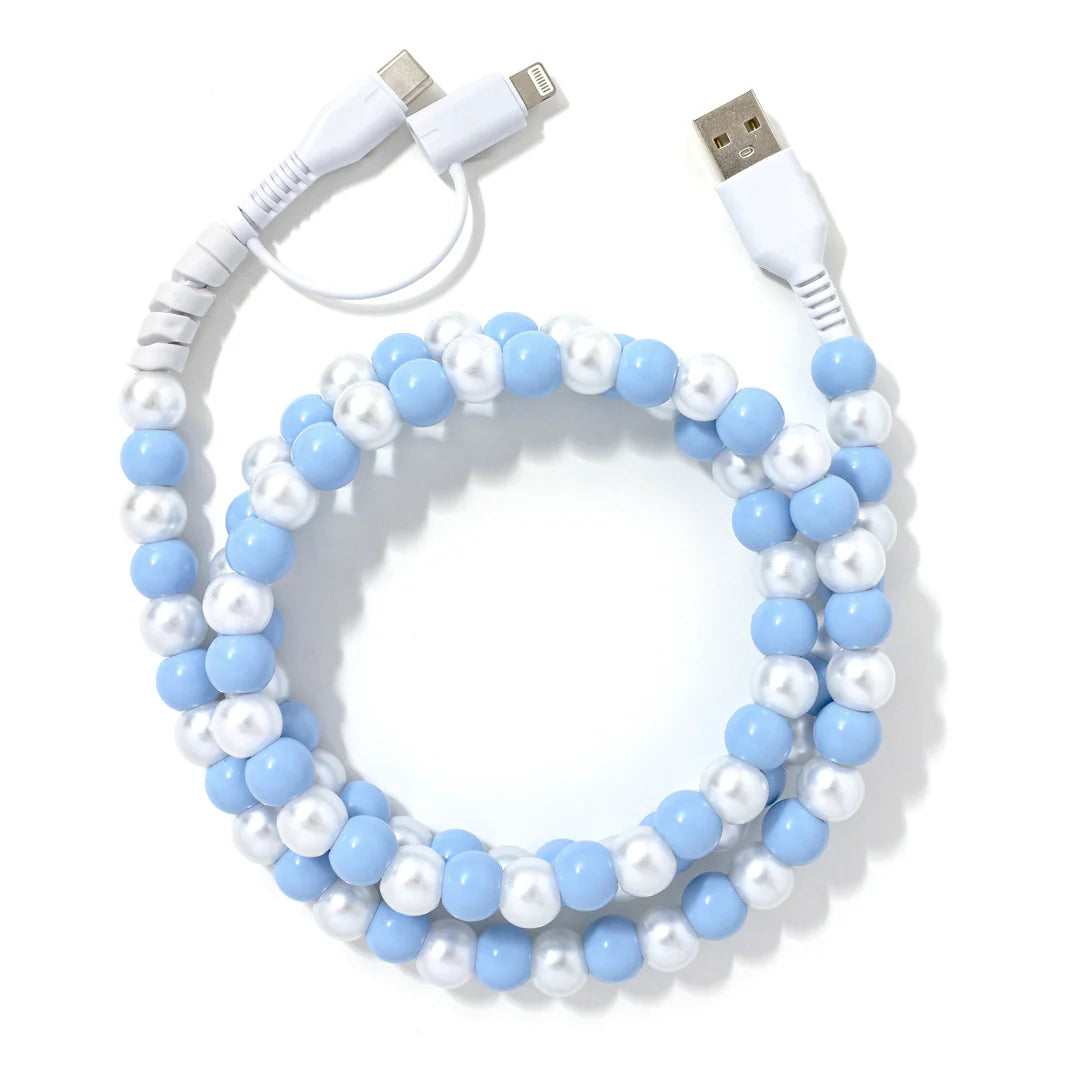 USB cable with blue and white beads on a white background