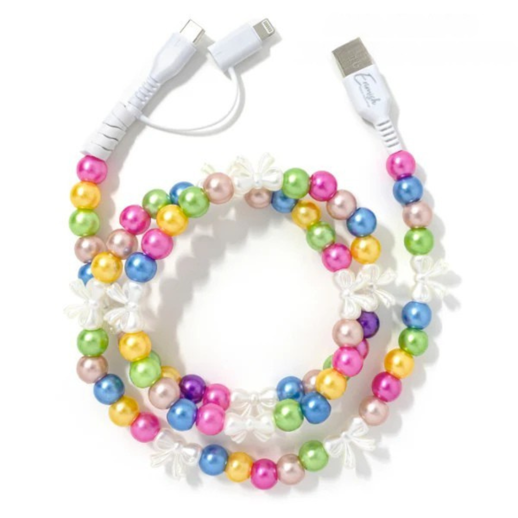 Colorful beaded cable with USB connectors on a white background