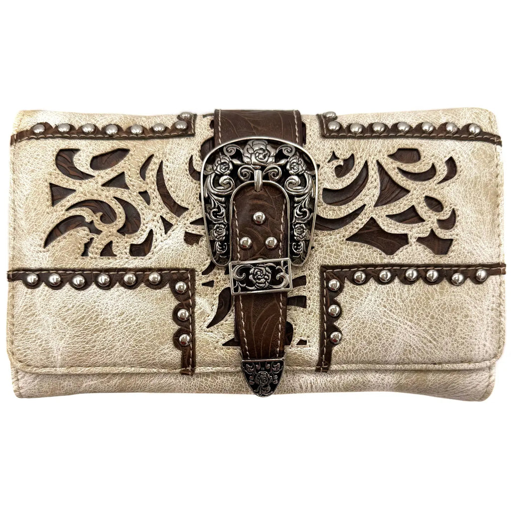 Decorative wallet with leather strap and intricate designs on a white background
