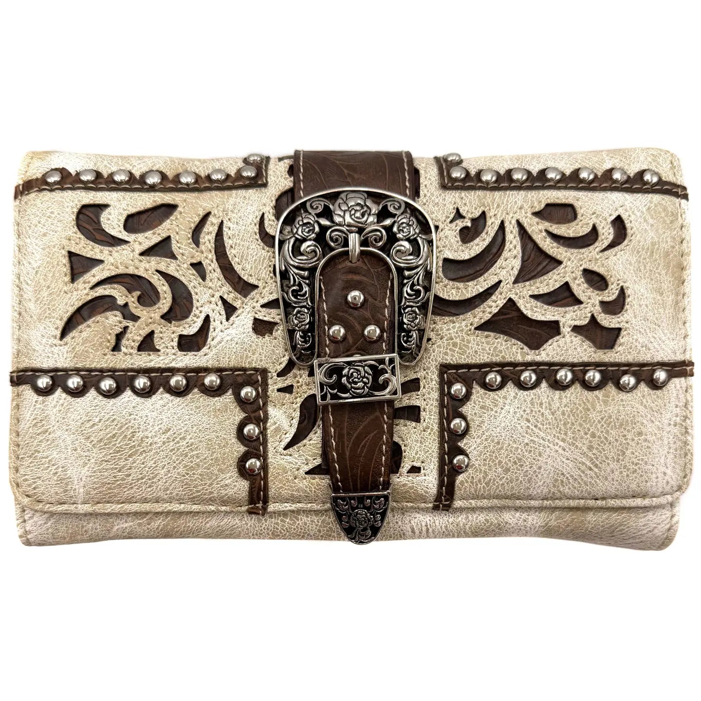 Decorative wallet with leather strap and intricate designs on a white background