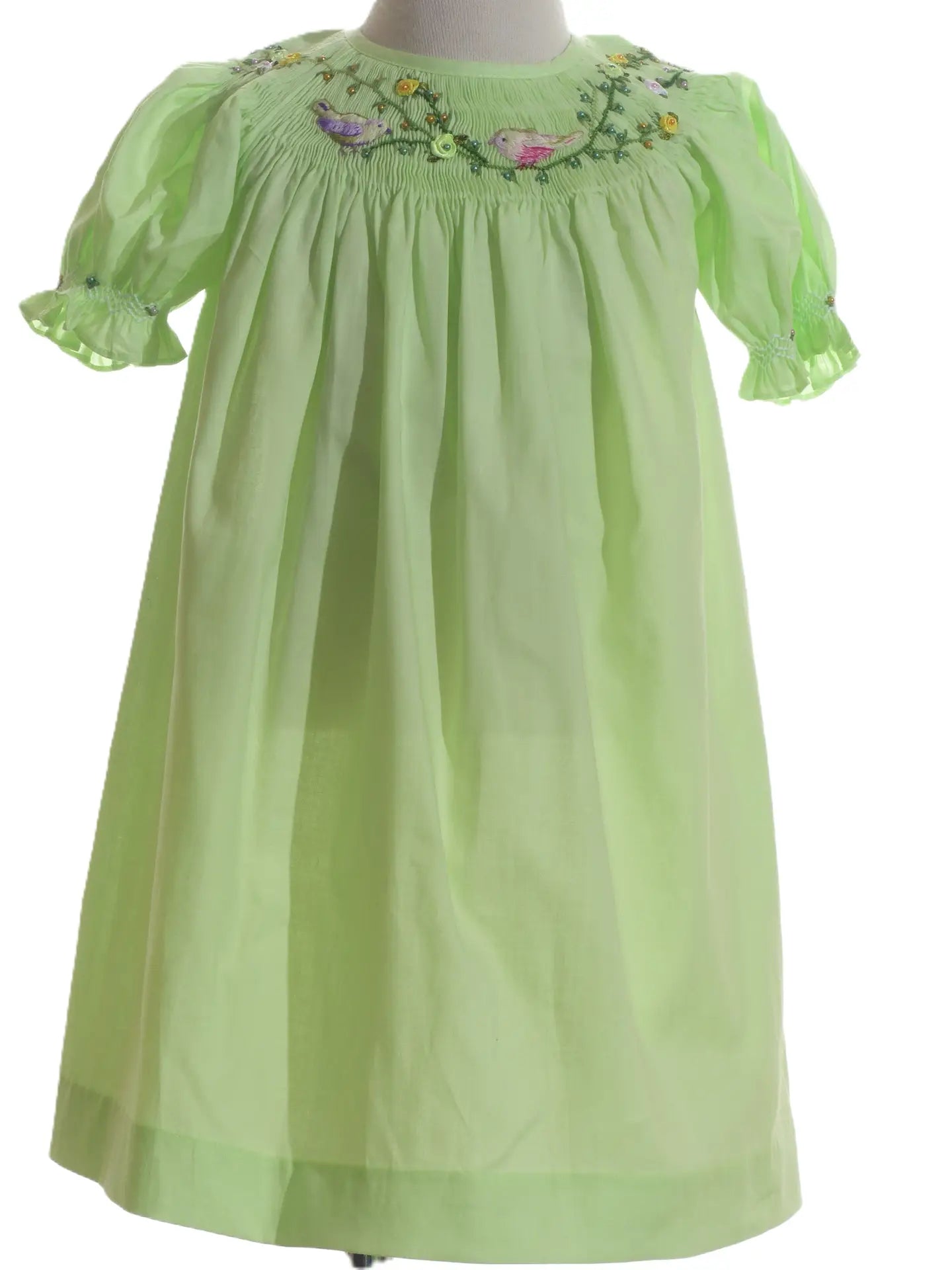 Green Smocked Embroidered Birds Short Sleeve Dress