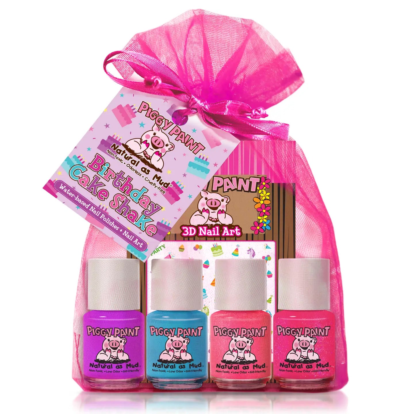 Piggy Paint nail polish set with pink packaging and ribbons on a white background