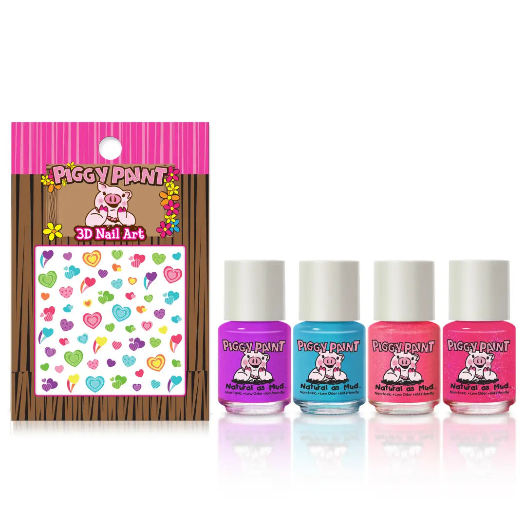 Piggy Paint 3D Nail Art set with nail polish bottles and a packaging sheet on a white background