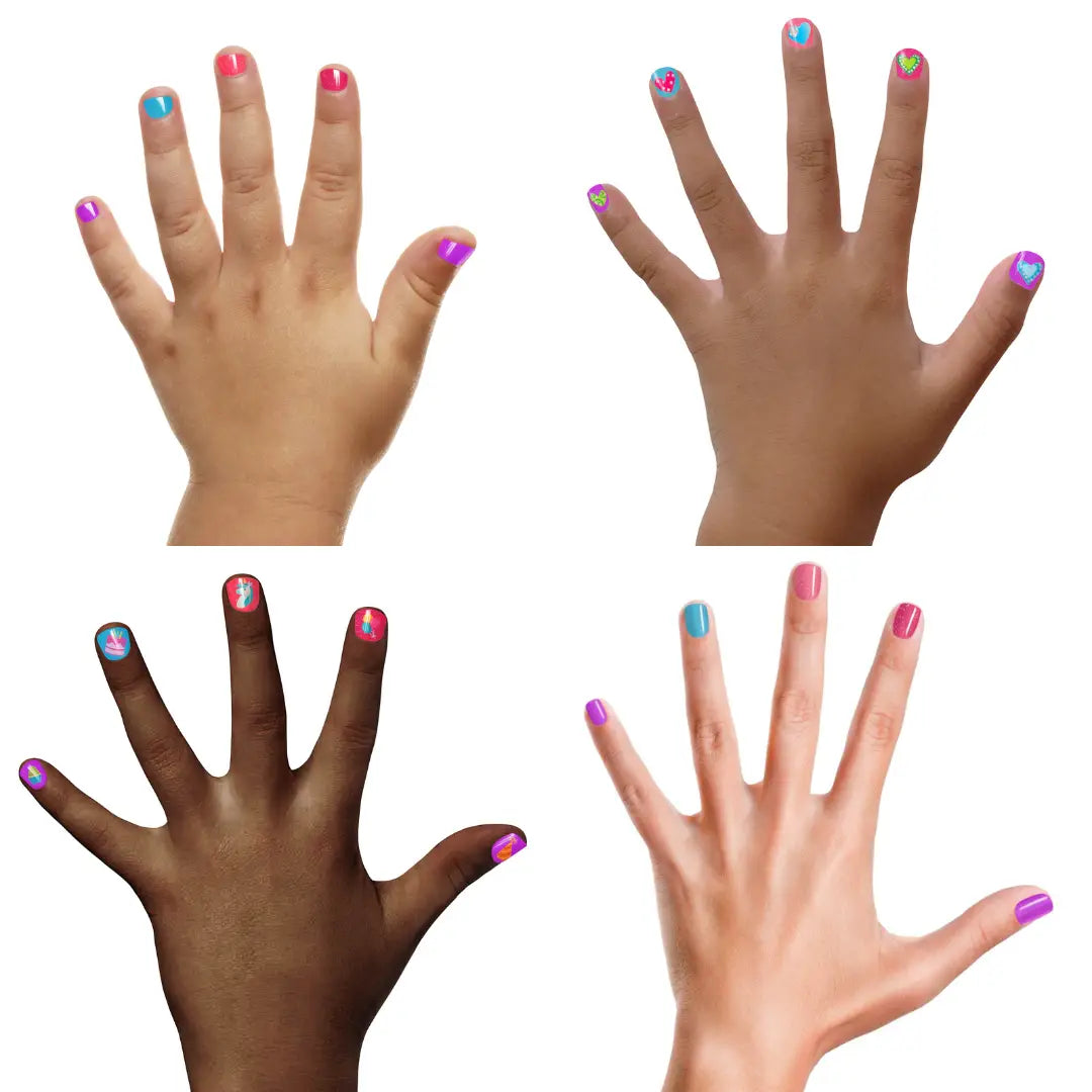 Four hands with colorful nail polish on a white background