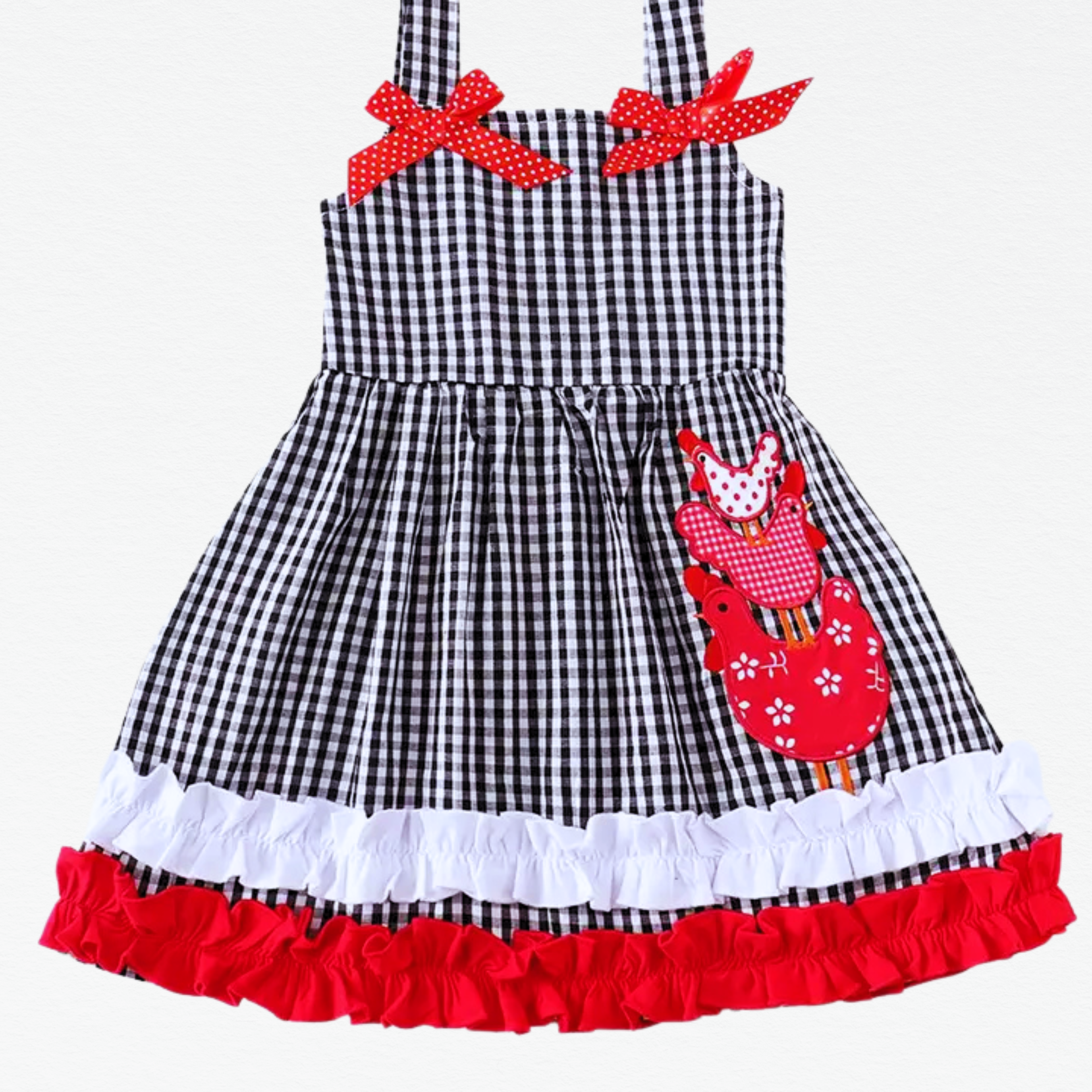 Black and white checkered dress with red accents and a fox design on a white background