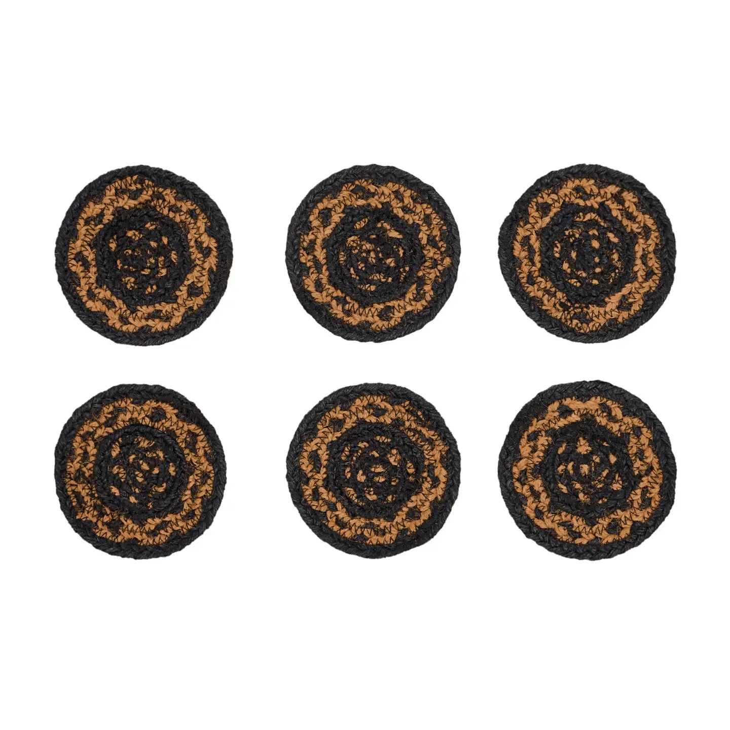 Set of six circular coasters with a black and brown pattern on a white background