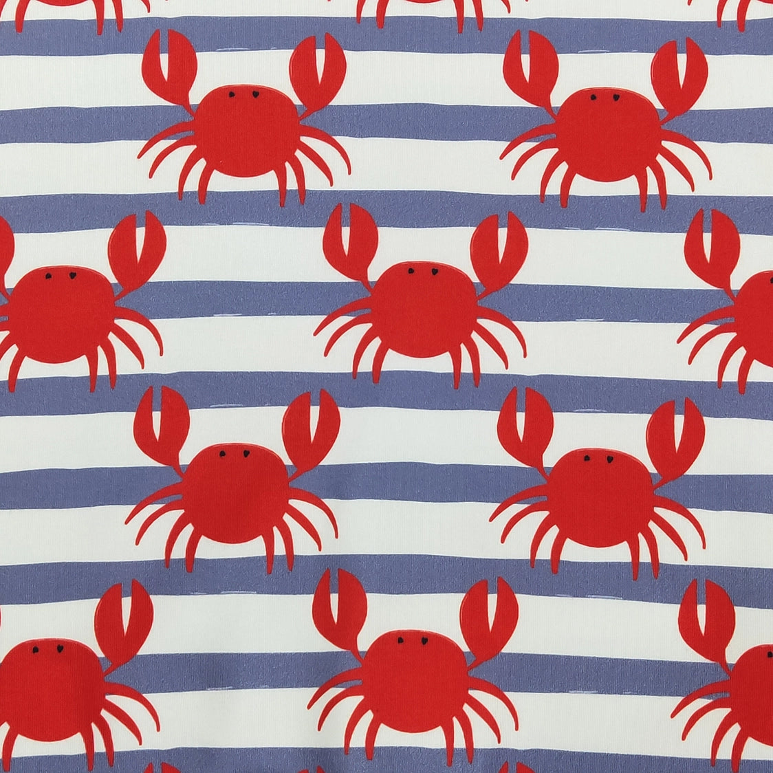 Pattern of red crabs on blue and white striped background