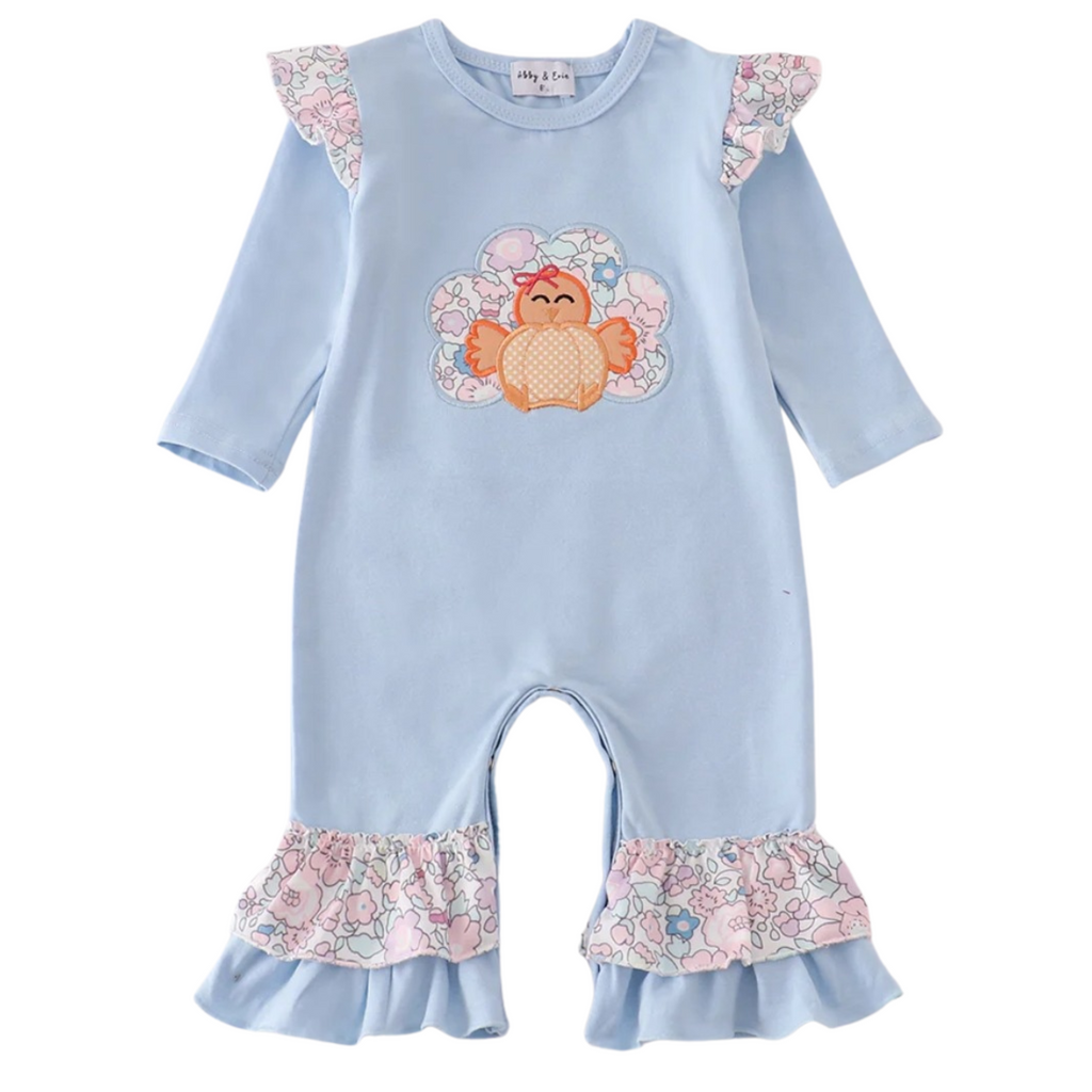 Blue Applique Turkey Ruffle Romper