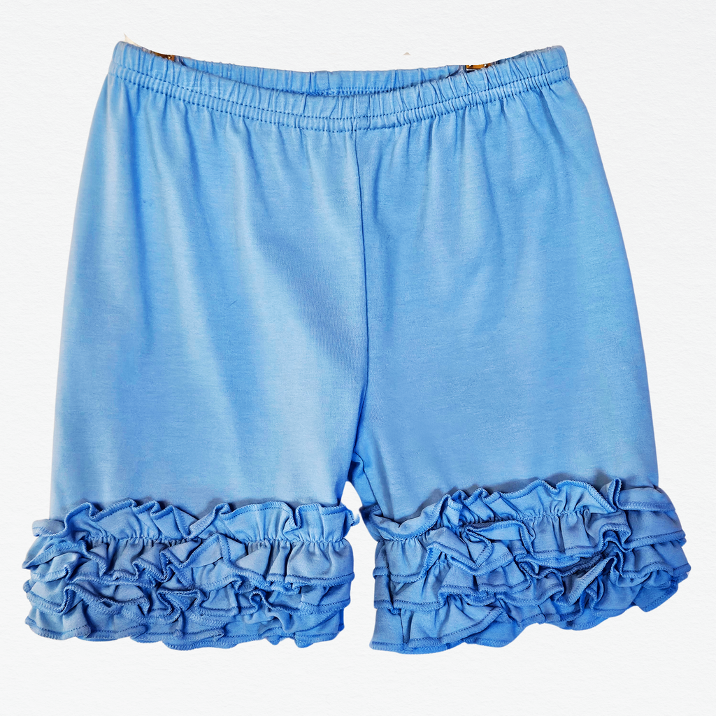 Blue shorts with ruffled bottom on a white background