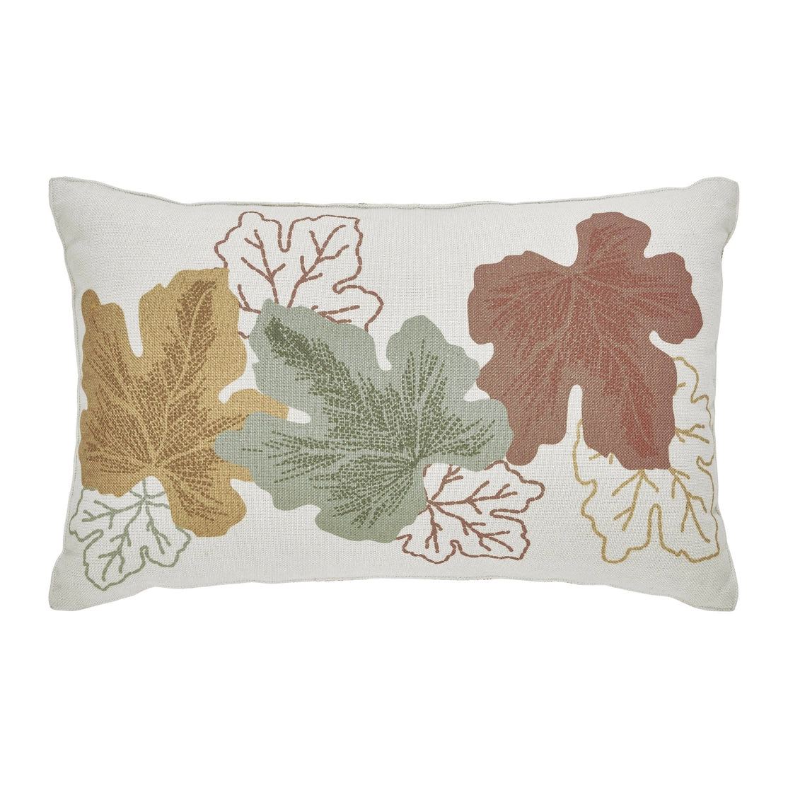 Decorative pillow with embroidered leaves on a white background