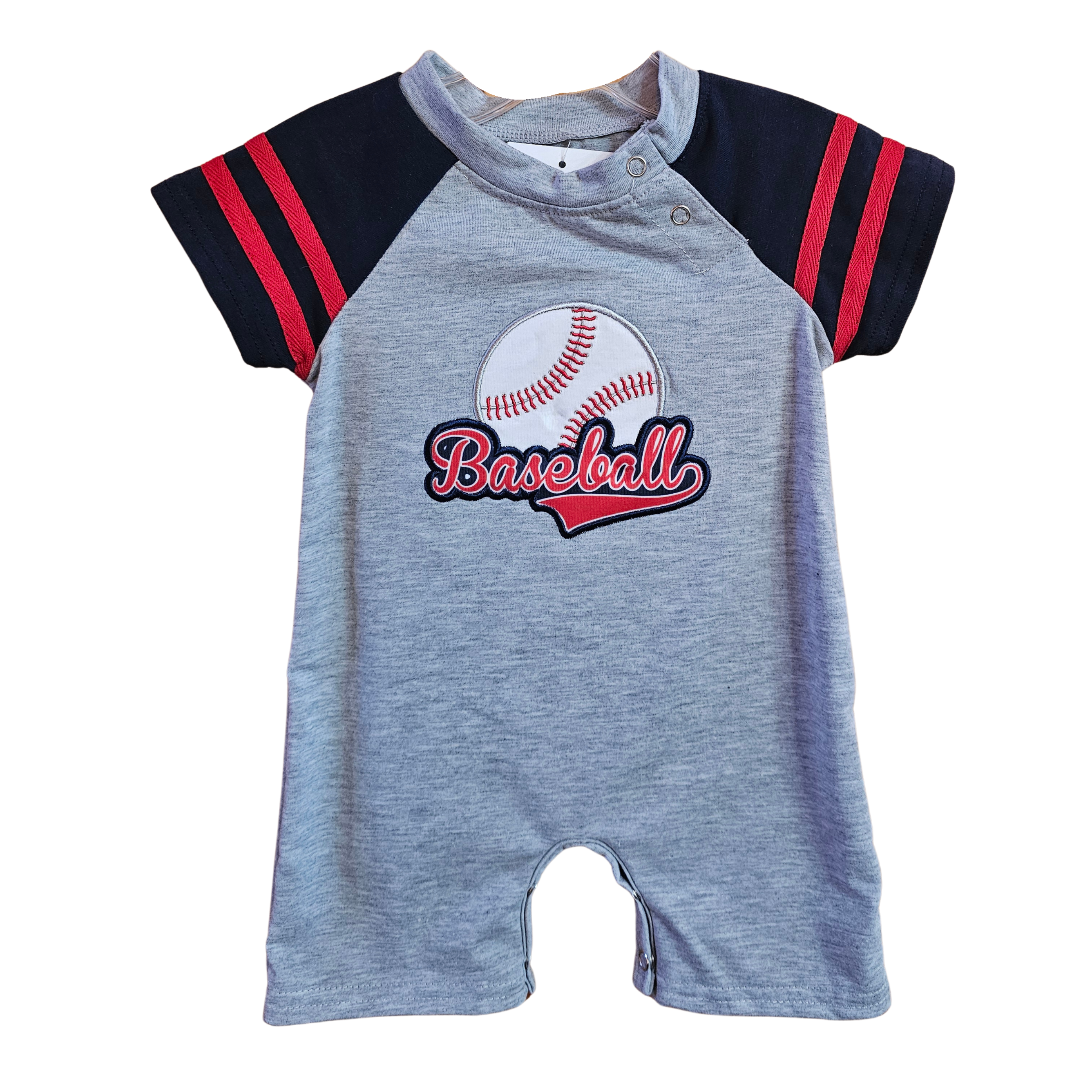 Gray baby romper with navy sleeves and red stripes, featuring a baseball graphic and text on a white background.