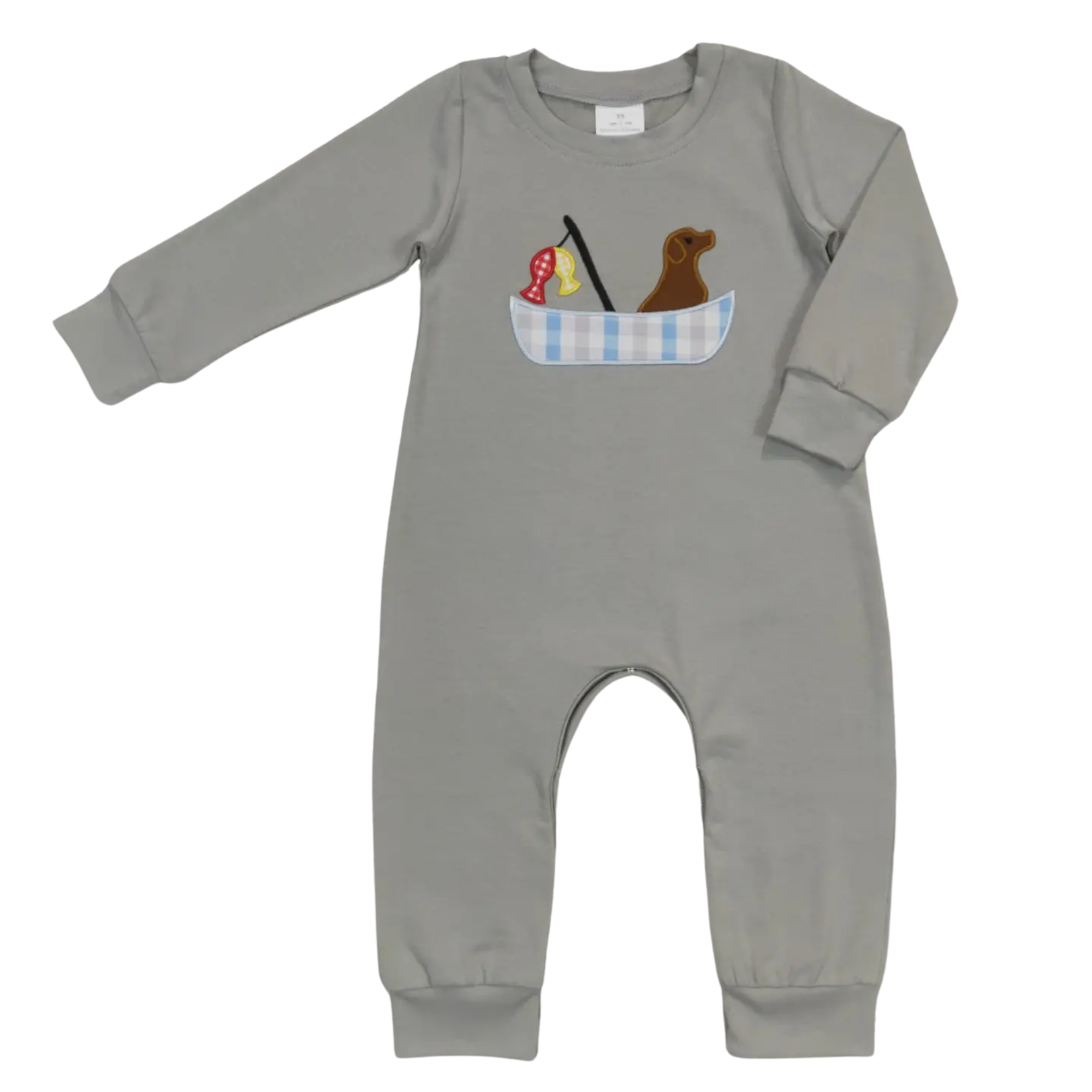 Gray baby onesie with a boat and duck design on a white background