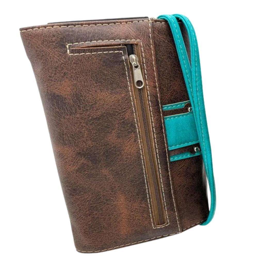 Brown leather crossbody wallet with a turquoise strap on a white background