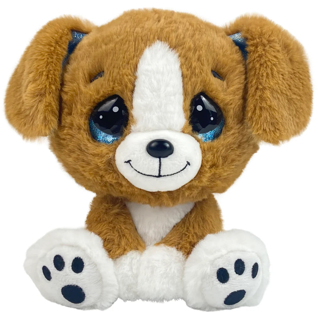 Plush toy dog with brown fur, white chest, and blue eyes on a white background
