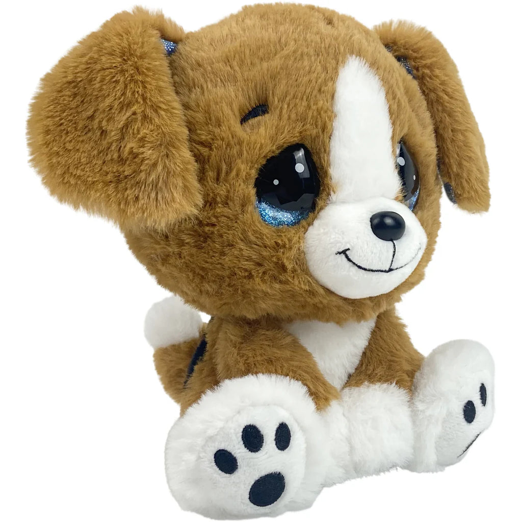 Plush toy dog with brown fur, white paws, and blue eyes on a white background