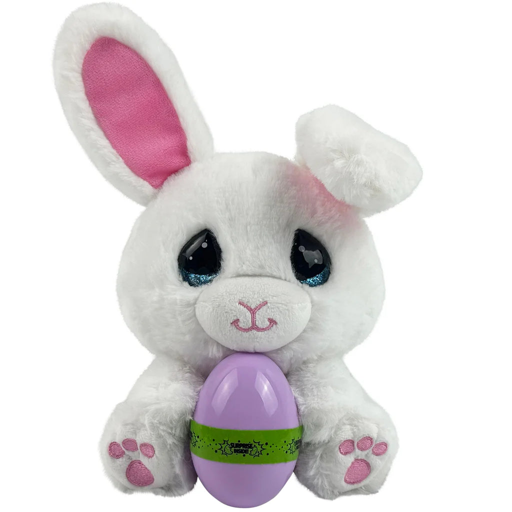 White plush bunny with pink ears and a purple egg on a white background