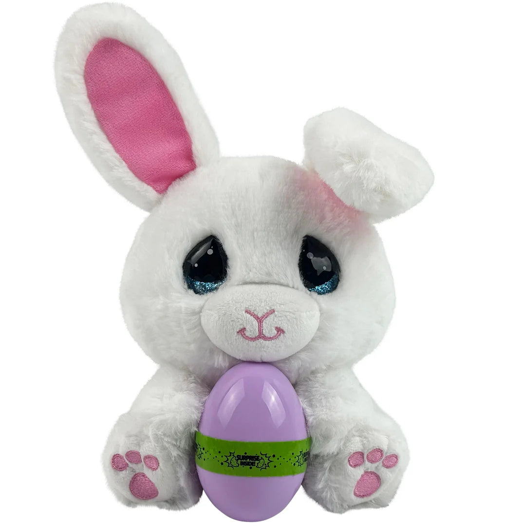 White plush bunny with pink ears and a purple egg on a white background