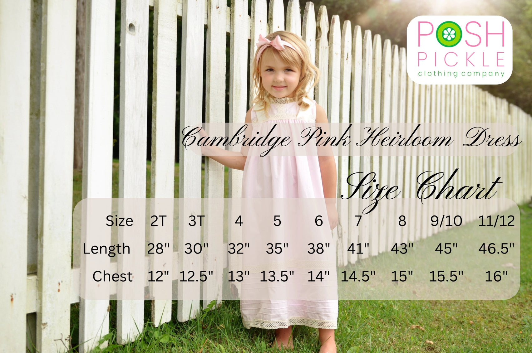 Child wearing a pink dress with a size chart in front of a white picket fence, branded 'Posh Pickle'.
