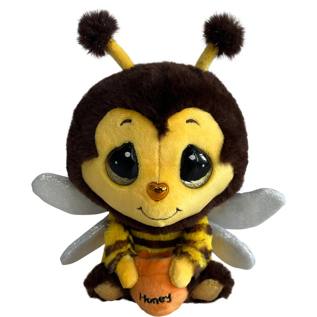 Plush bee toy with a heart on its chest and 'honey' on its bottom, on a white background.