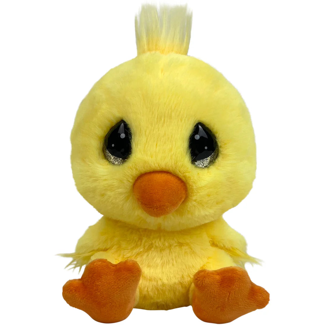 Yellow plush duck toy with black eyes and orange beak on a white background