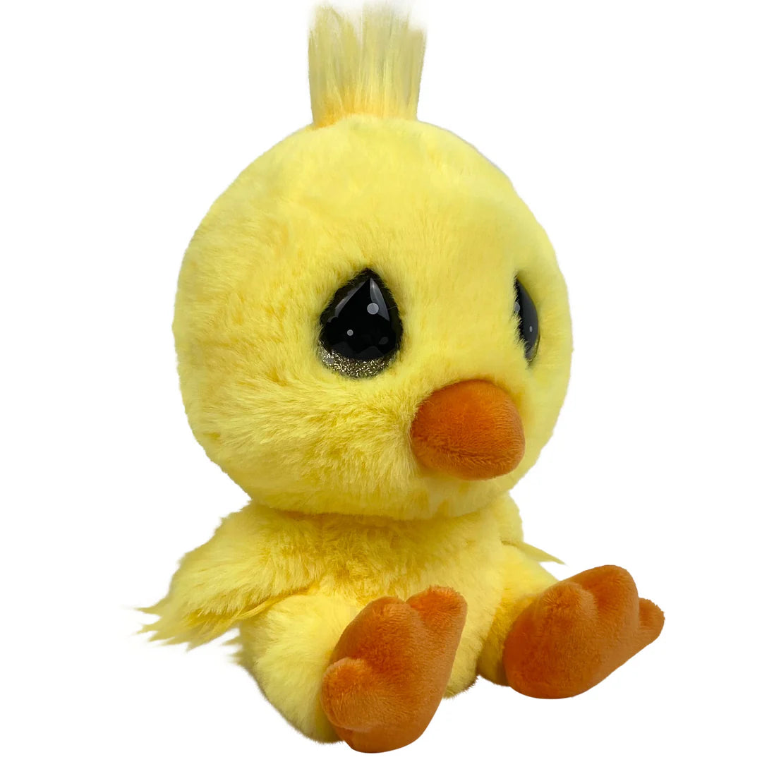 Yellow plush duck toy on a white background