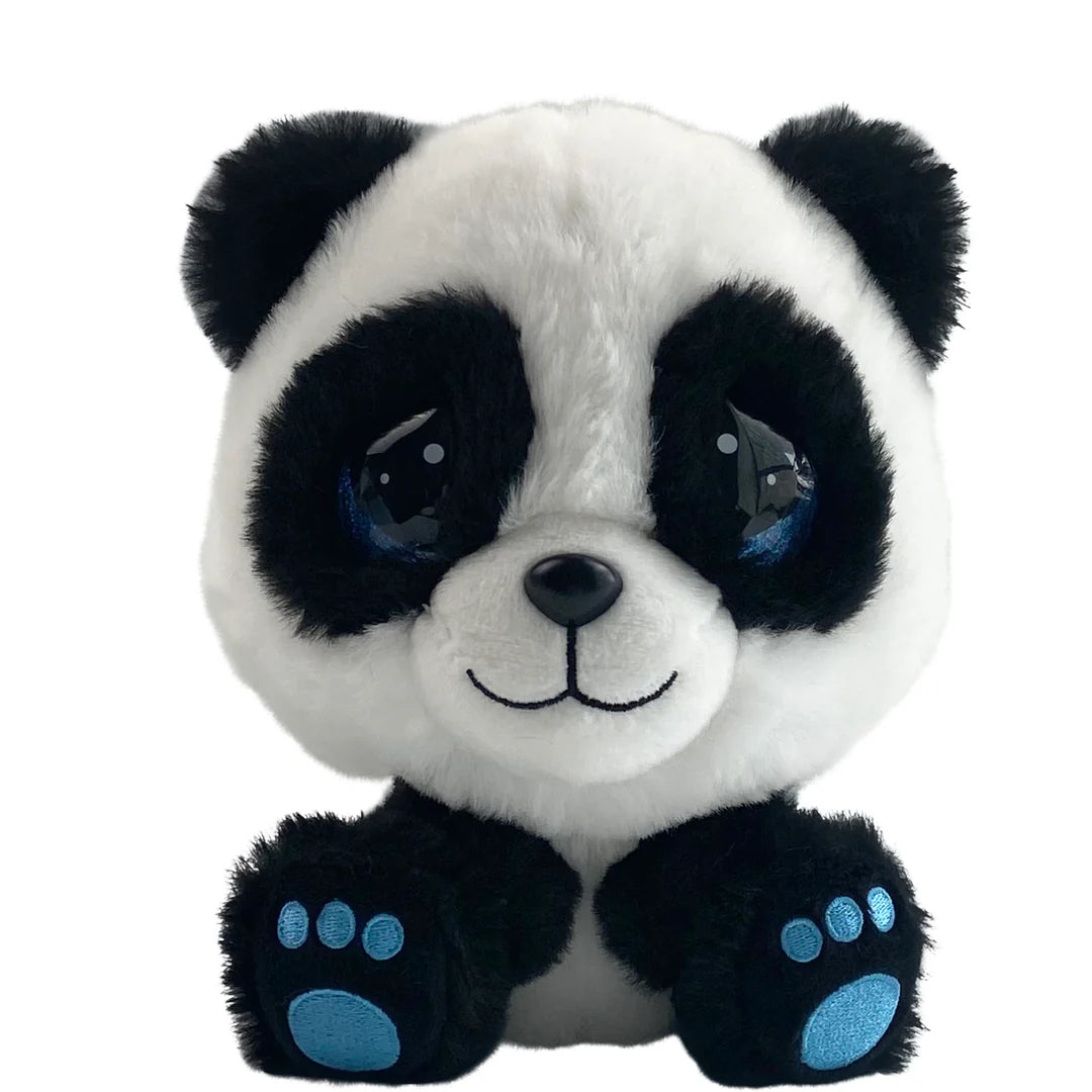 Plush panda toy with black and white fur and blue pads on paws and ears.