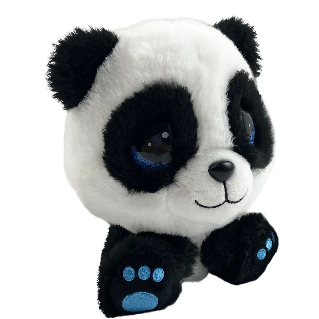 Plush panda toy with black and white fur on a white background