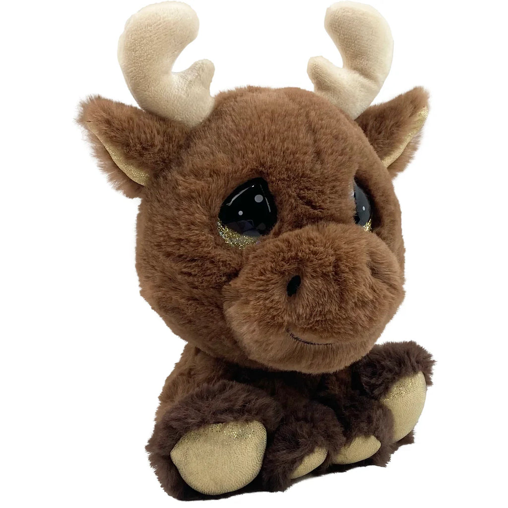 Plush moose toy with brown fur and white horns on a white background